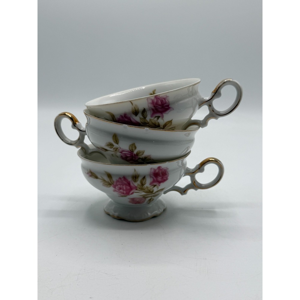 Mikasa Rosetta 9268 Fine China Teacups Pink Rose Gold Trim Set of 3 AS IS